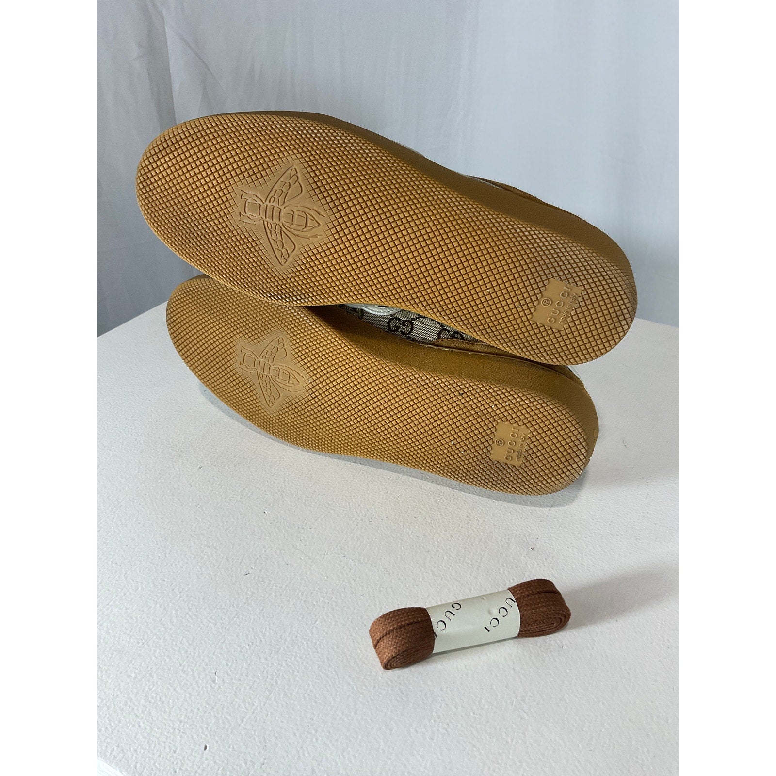 Gucci Tan Leather And Suede-Trimmed Coated Canvas-Jacquard Sneakers Size 42