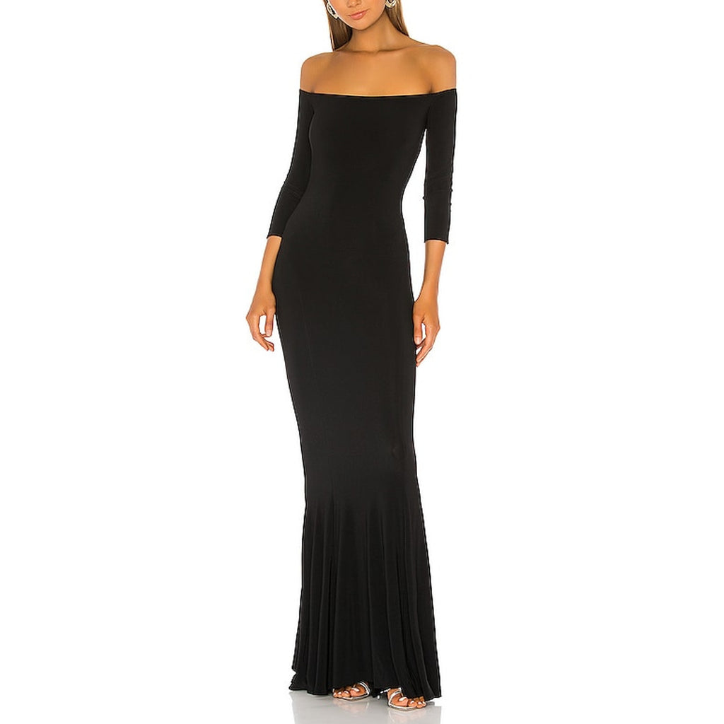 Norma Kamali Off The Shoulder Black Poly Fishtail Gown Size XS