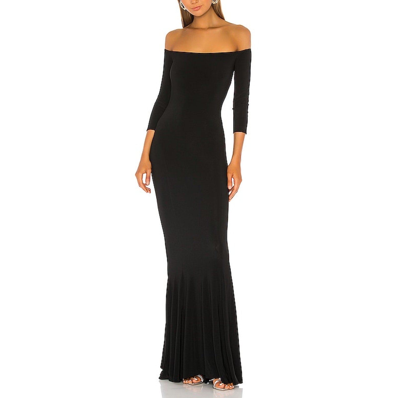 Norma Kamali Off The Shoulder Black Poly Fishtail Gown Size XS