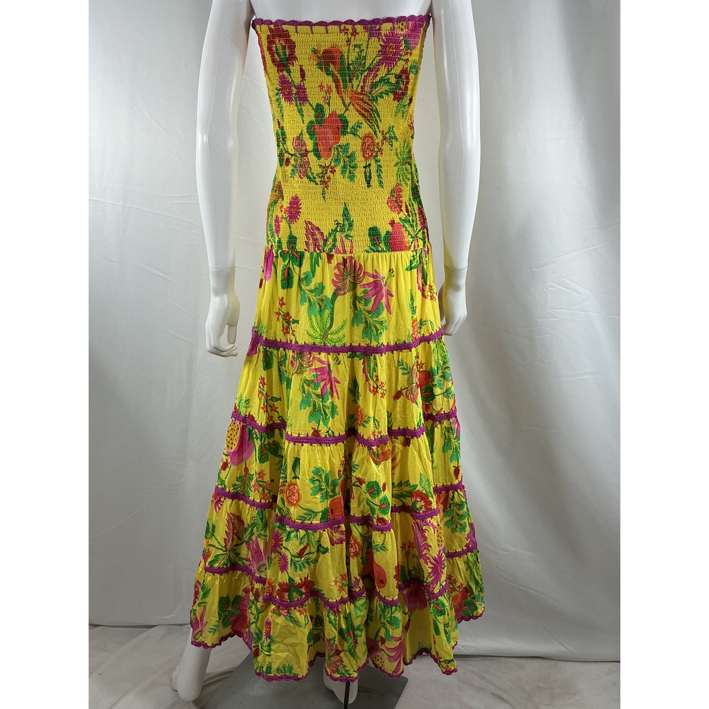 Farm Rio 'Delicate' Yellow Cotton Fruit Garden Smocked Maxi Dress Size S