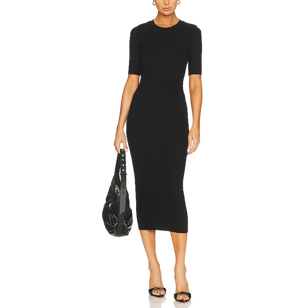 Enza Costa Half Sleeve Black Crew Midi Dress Size S