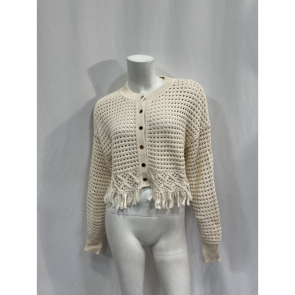 Toccin 'Rachel' White Cotton Fringe Cotton Cardigan Size XS