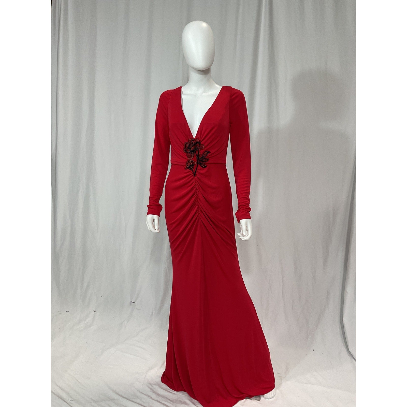 Marchesa Notte Red V-Neck Flower Applique Long Dress Size OS - NWT