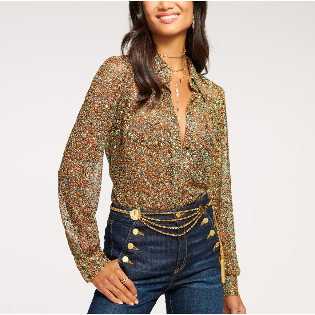 Ramy Brook 'Tien' Brown Button Down Long Sleeve Top Size L