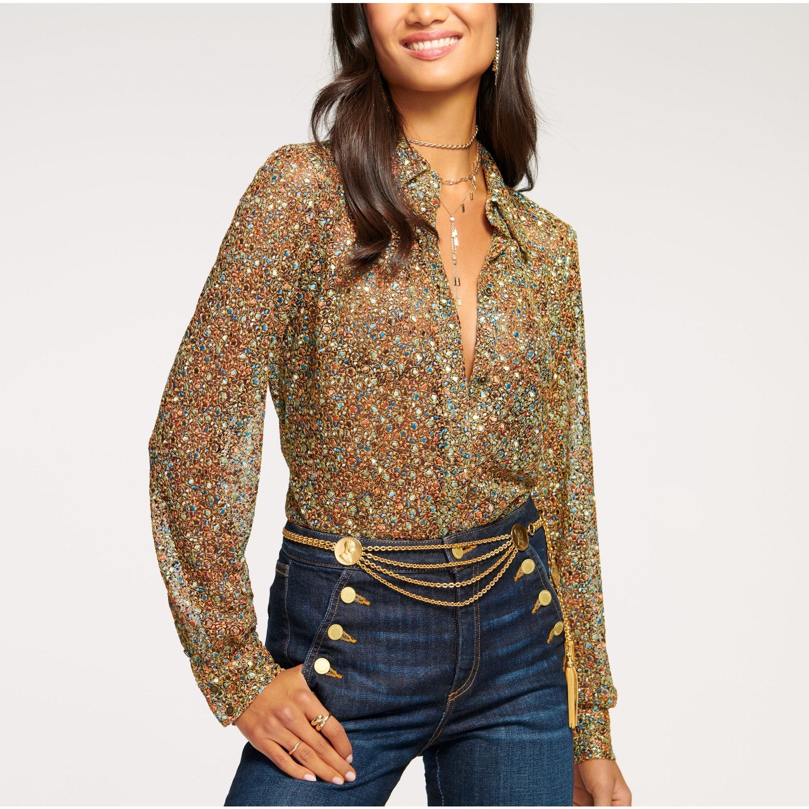 Ramy Brook 'Tien' Brown Button Down Long Sleeve Top Size L