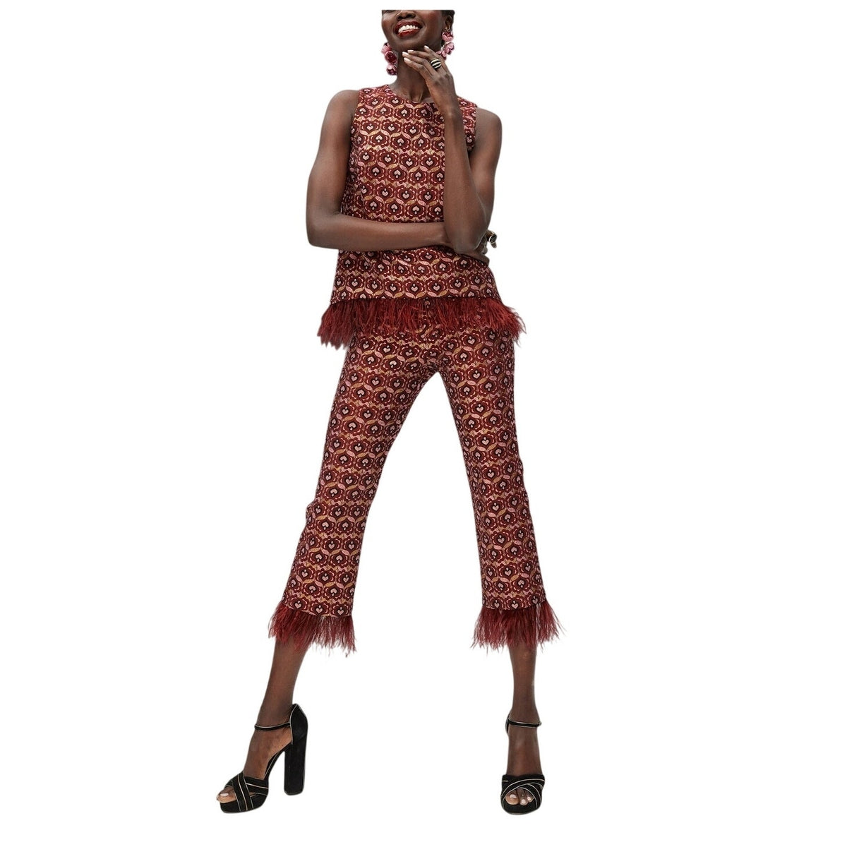 Trina Turk Feather Trimmed Burgundy Shibui Pants Size 6