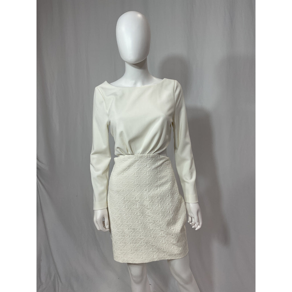 One33 'Social' White Jacquard Crepe Blend Open Back Twist Detail Boatneck Blouse Size 8