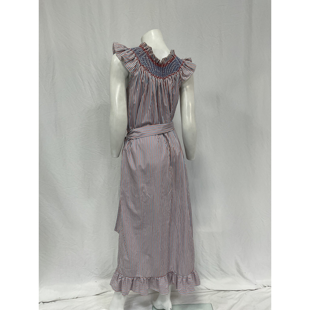 Loretta Caponi 'Delfina' Blue Cotton Belted Ruffled Smocked Striped Cotton-Poplin Midi Dress Size OS