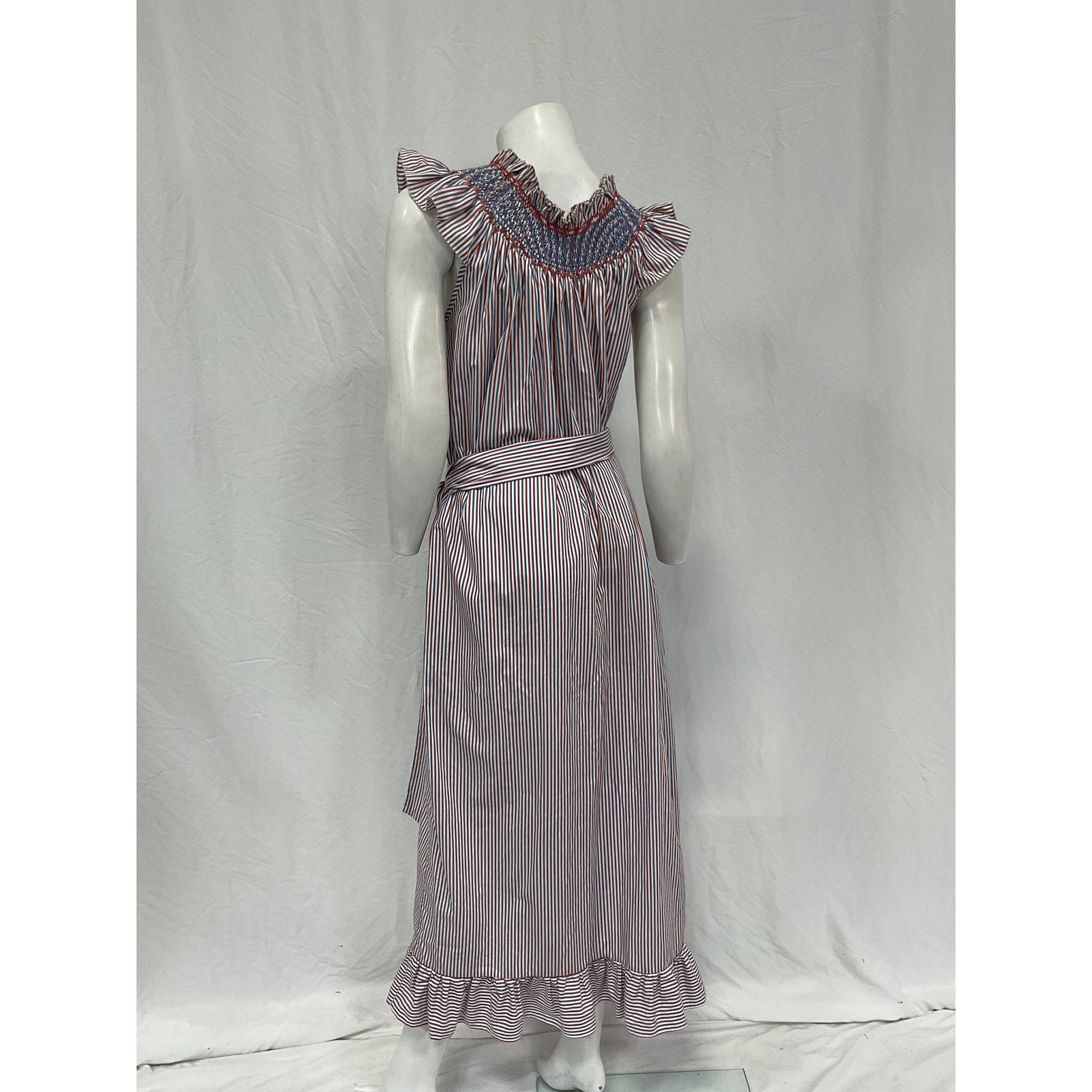 Loretta Caponi 'Delfina' Blue Cotton Belted Ruffled Smocked Striped Cotton-Poplin Midi Dress Size OS