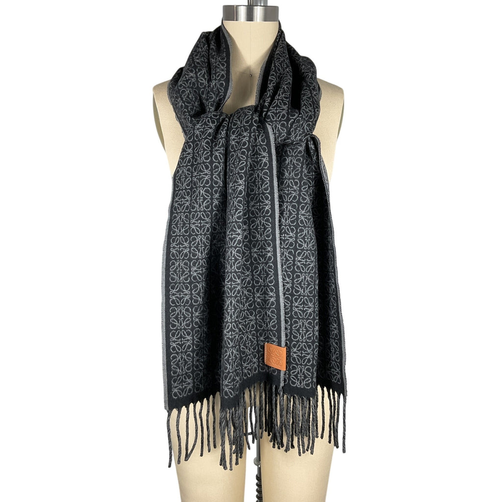Loewe 'Reversible' Black Cashmere Leather-Trimmed Jacquard-Knit Cashmere Scarf Size OS