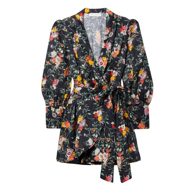 Zimmermann Printed Black Floral Linen Wrap Mini Dress Size US Small (4)