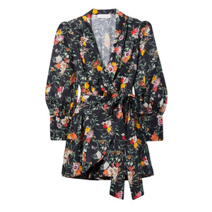Zimmermann Printed Black Floral Linen Wrap Mini Dress Size US Small (4)