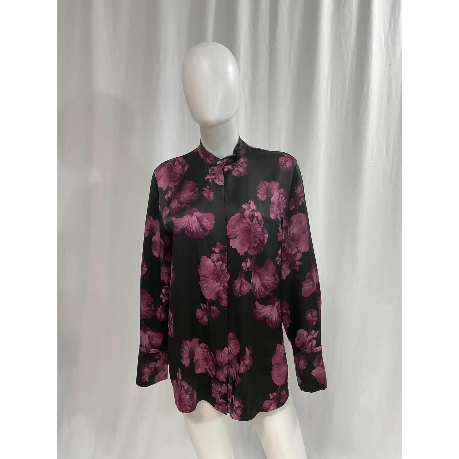Vince 'Begonia' Black Floral Silk Banded Long Sleeve Collar Shirt Size M