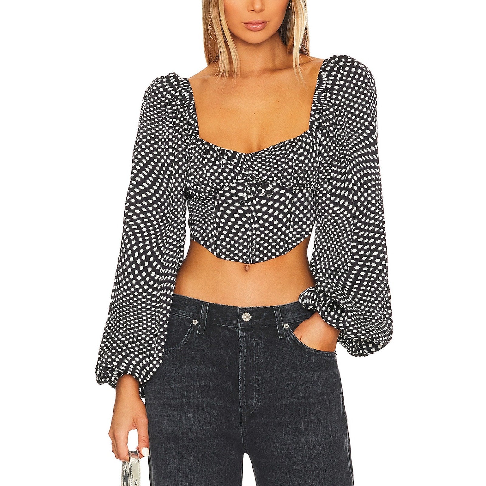 For Love & Lemons 'Kat' Black Satin Polka Dot Top Size S