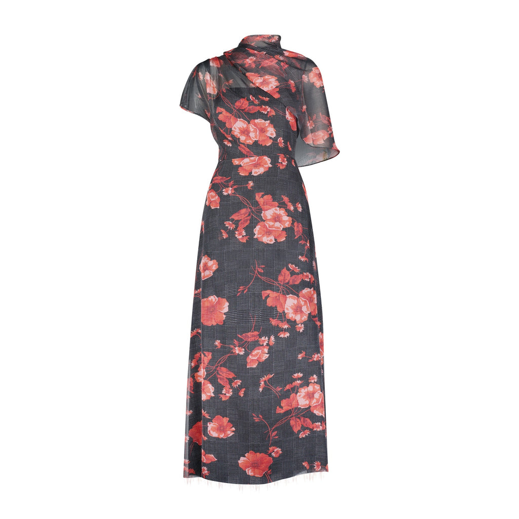 Lela Rose Floral Printed Glenn Black Polyester Plaid Chiffon Draped Bodice A-Line Dress Size 6 - NWT