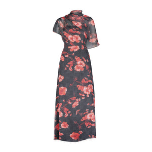 Lela Rose Floral Printed Glenn Black Polyester Plaid Chiffon Draped Bodice A-Line Dress Size 6 - NWT