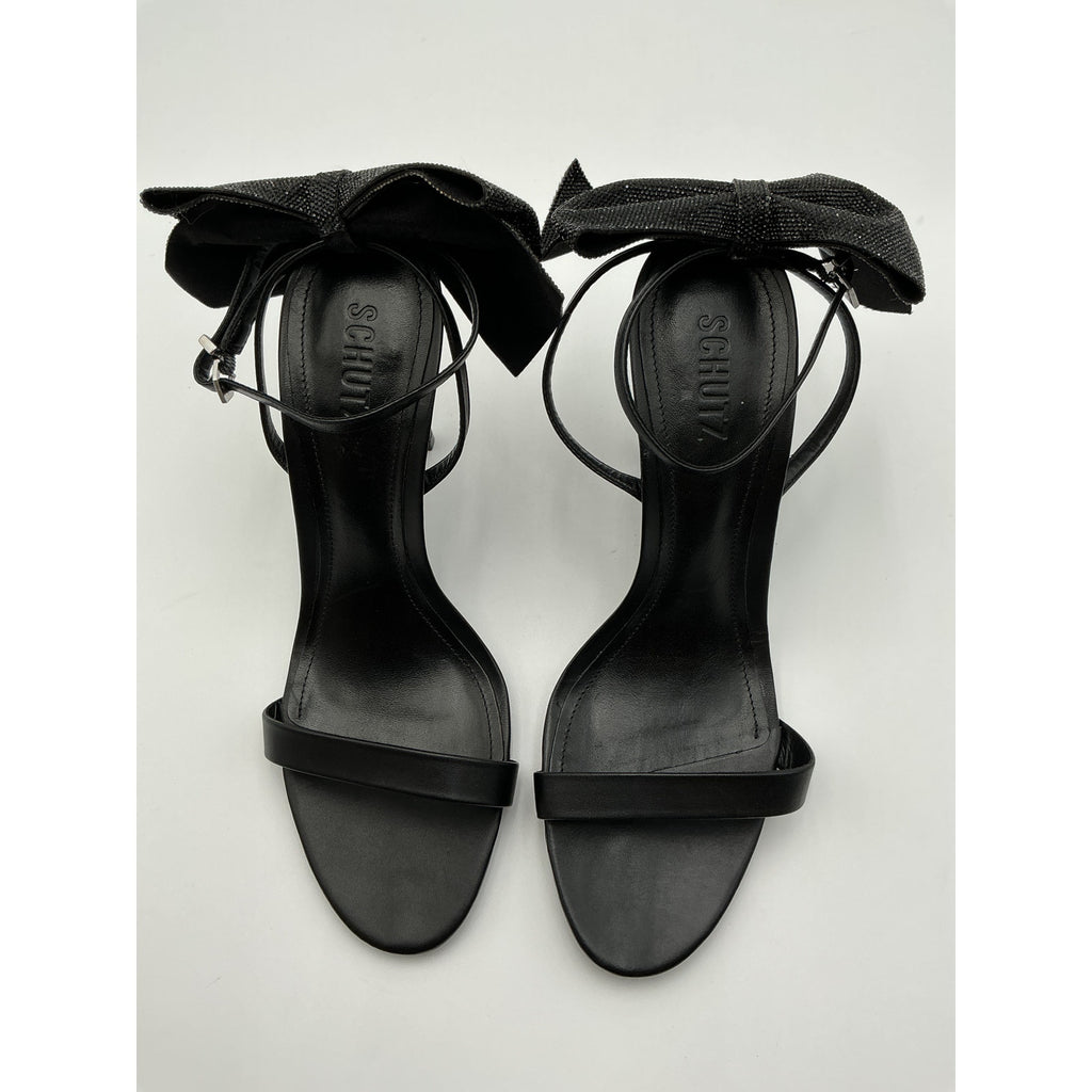 Schutz 'Lyla' Black Leather Crystal Bow Heels Size 10
