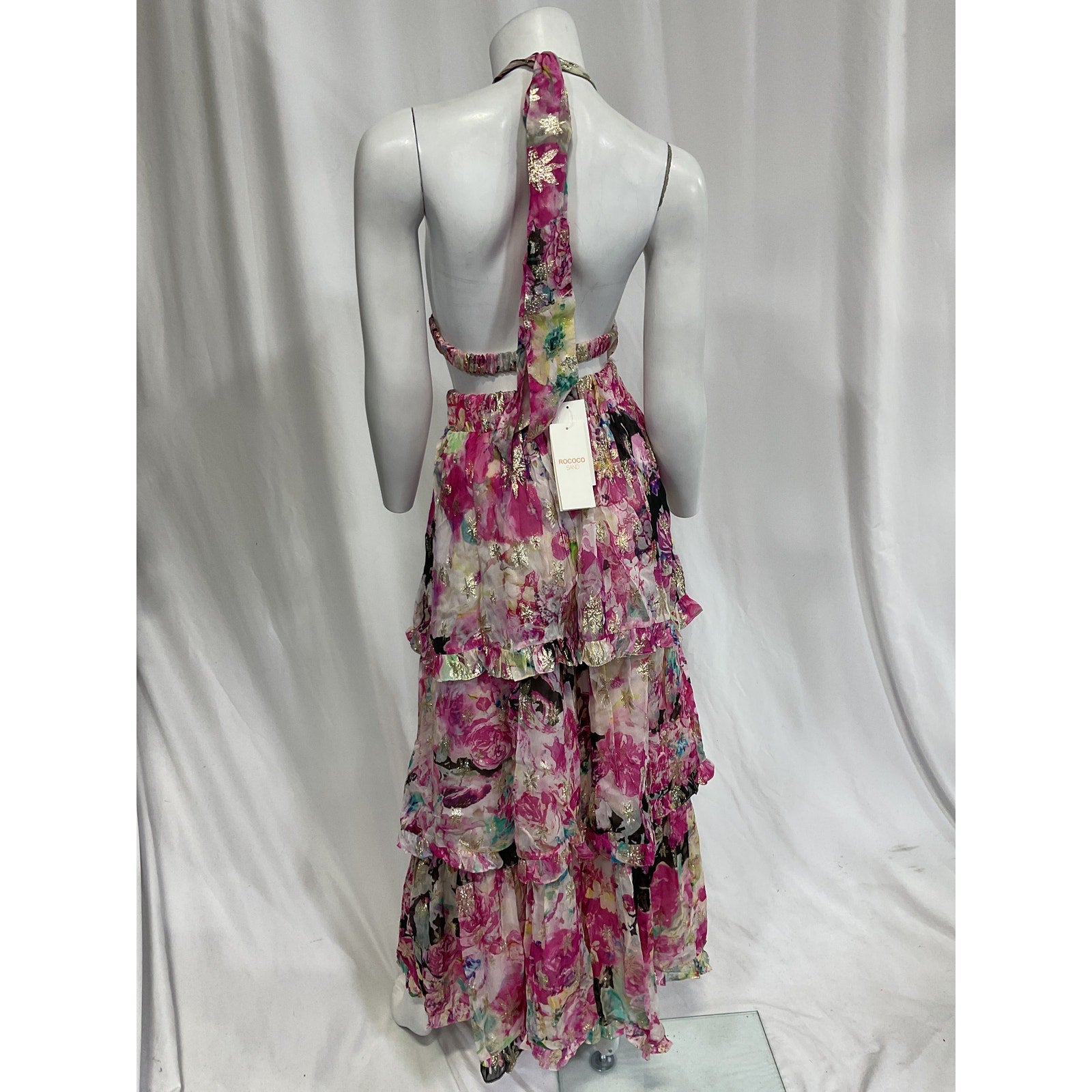 Rococo Sand Pink Halterneck Georgette Metallic Star Long Dress Size M - NWT