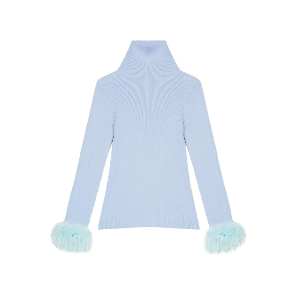 Maje 'Manuplume' Blue Mockneck Ribbed Feather Cuff Sweater Size 2