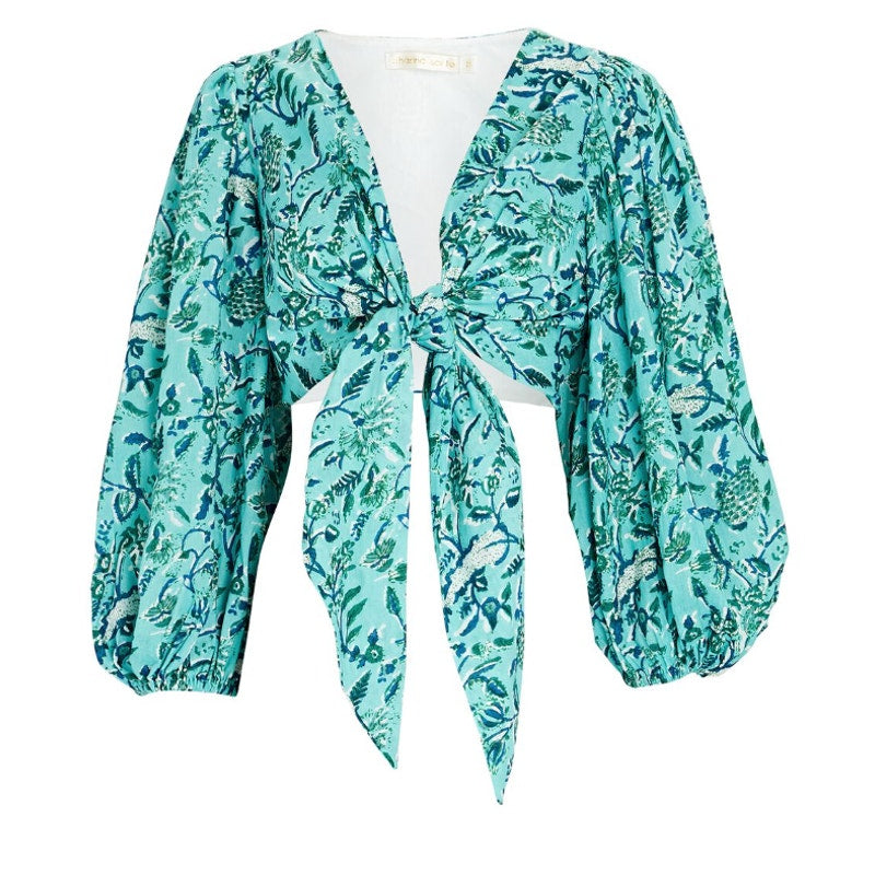 Charina Sarte 'Alexa Batik' Green Tie-Front Blouse Size S