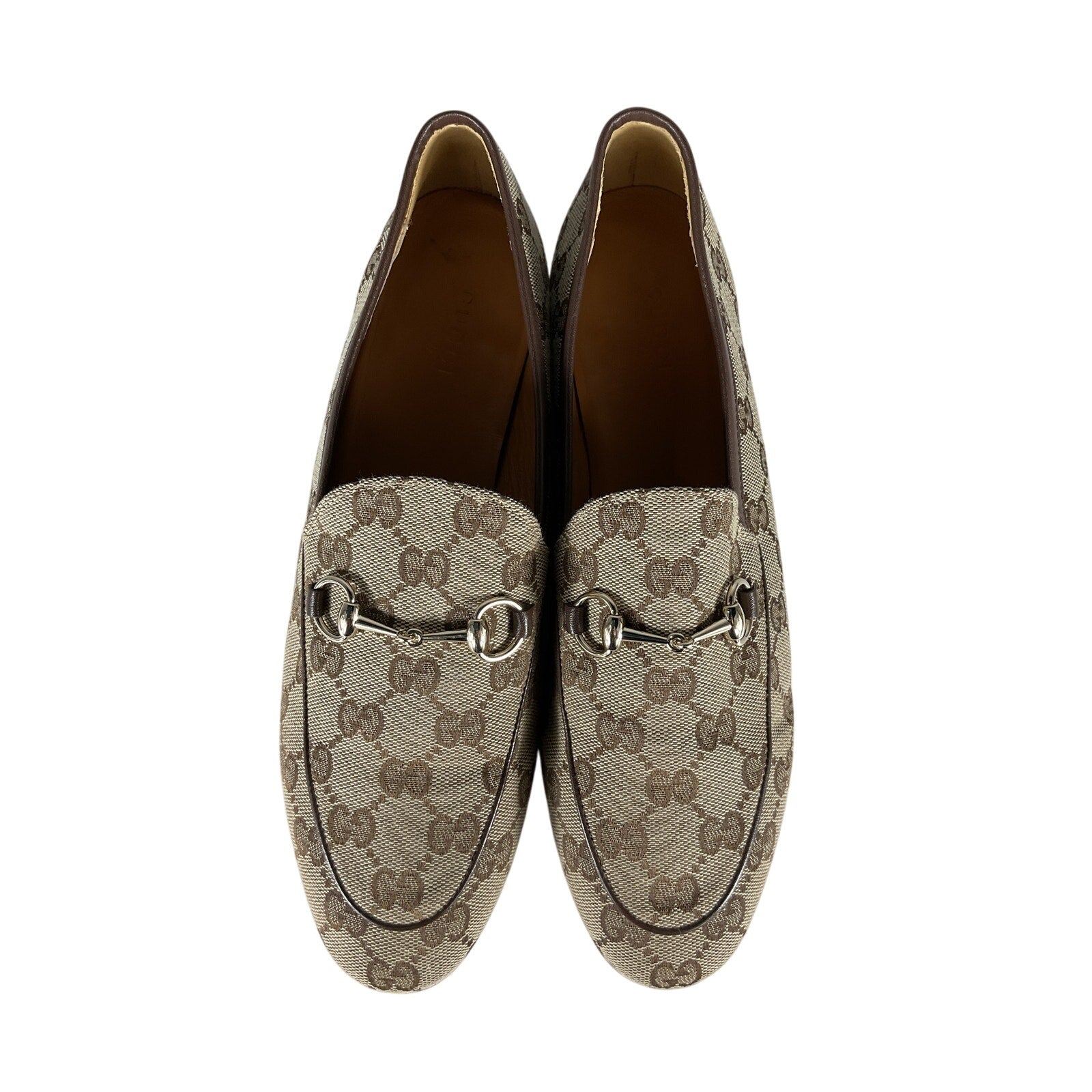Gucci Jordaan Brown Leather GG Canvas Loafer Size 9