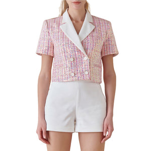 Endless Rose Shimmering Pink Tweed Short Sleeve Cropped Blazer Size S NWT