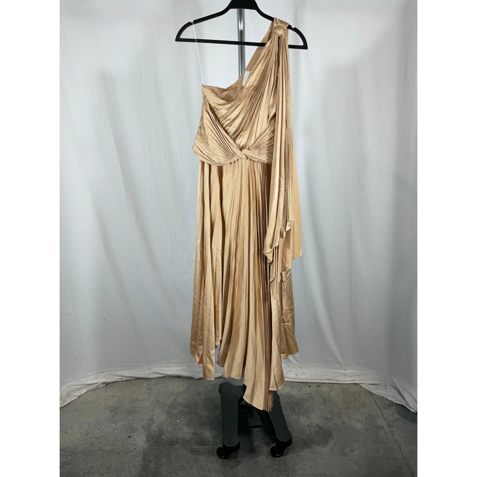 Acler 'Kalora' Tan Polyester Pleated Satin One-Shoulder Midi Dress Size 6