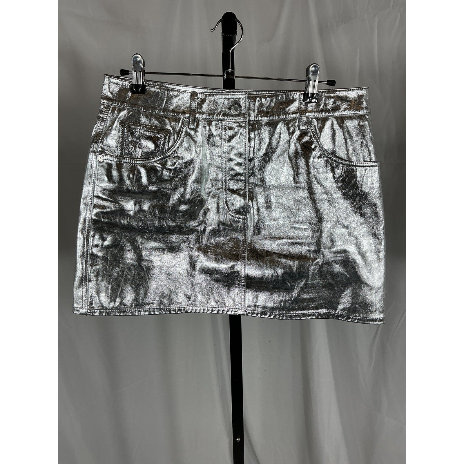 Helmut Lang 'Mirror' Silver 5-Pocket Leather Mini Skirt Size 6