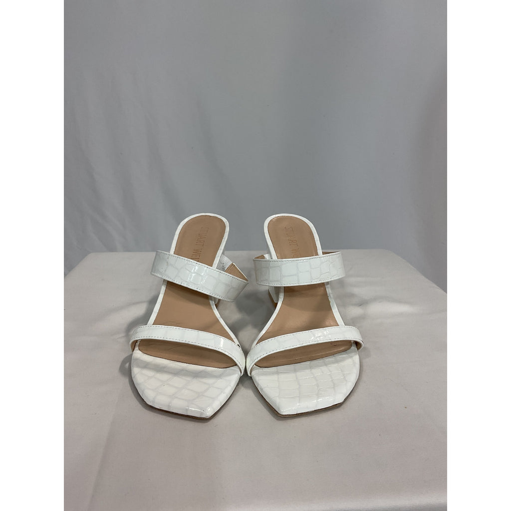 Stuart Weitzman 'Croc-Embossed' White Leather Mules Size 11
