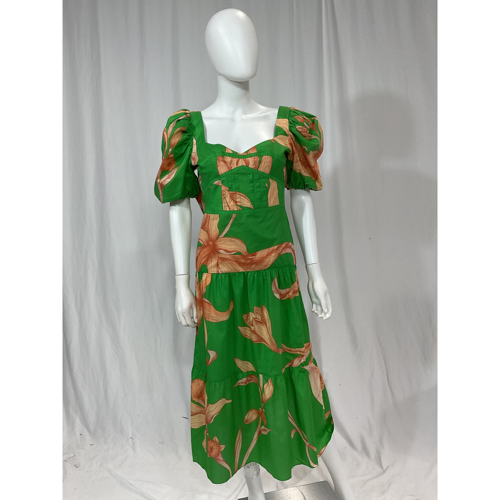 Johanna Ortiz Floral Print Green Midi Length Dress Size 0