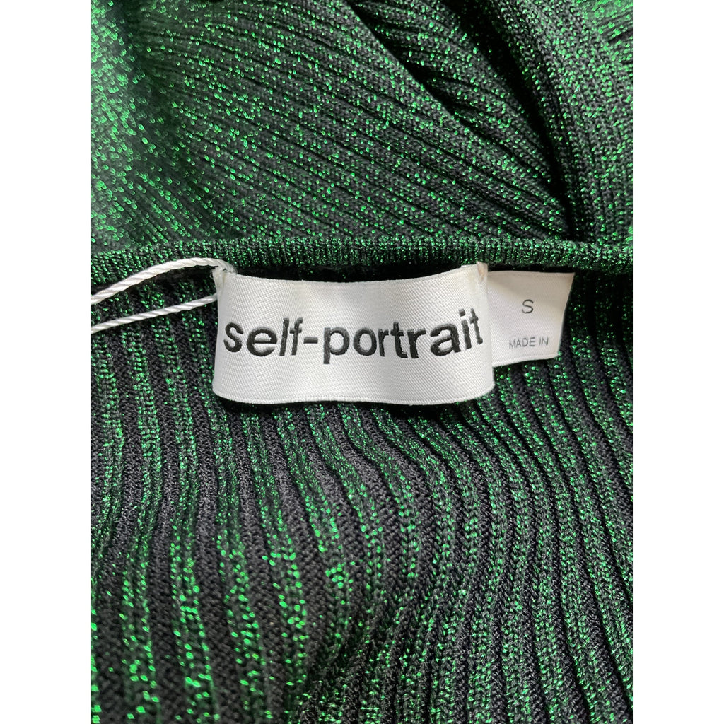 Self-Portrait 'Metallic' Green Polyamide Ribbed Midi Dress Size S