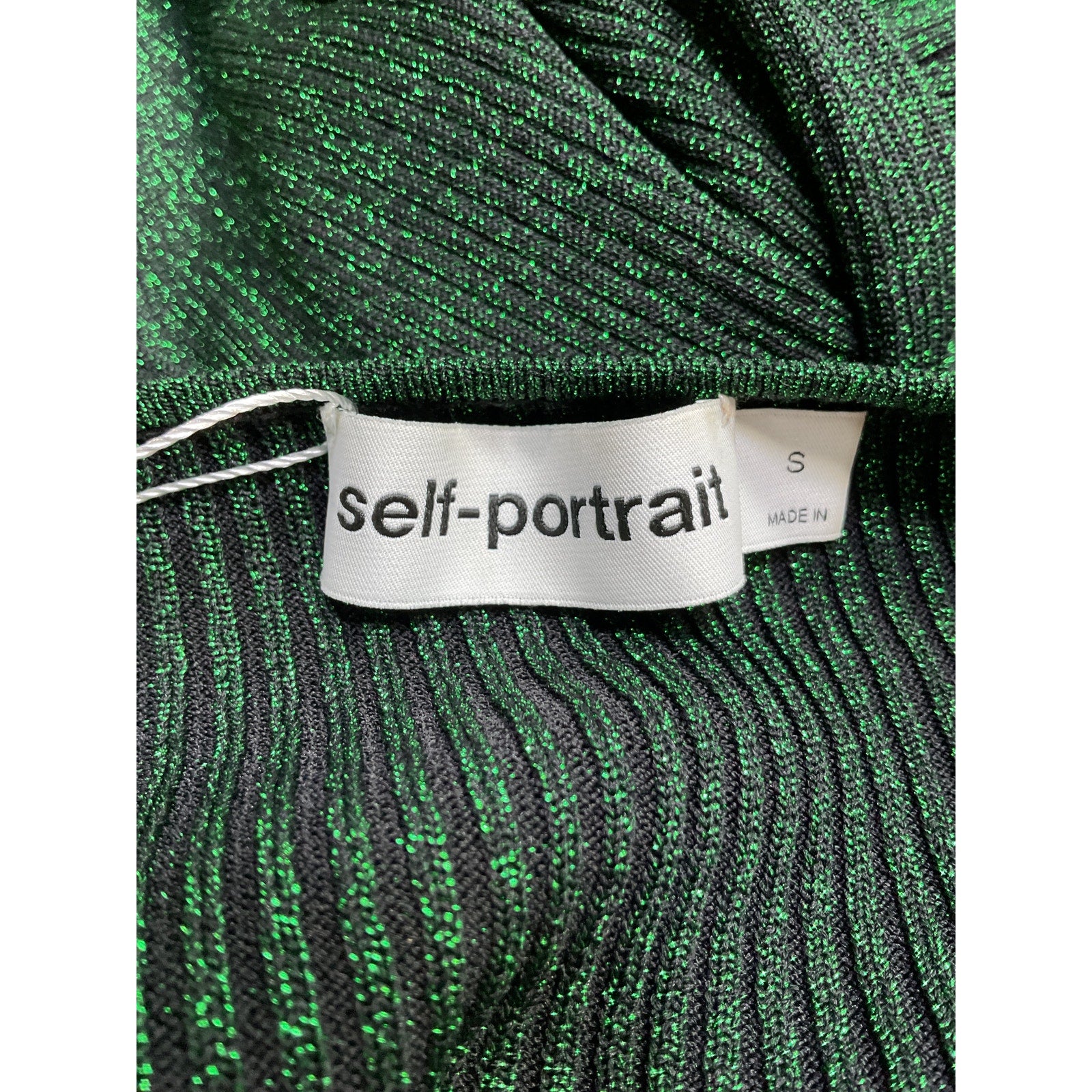 Self-Portrait 'Metallic' Green Polyamide Ribbed Midi Dress Size S
