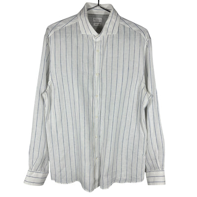 Brunello Cucinelli Linen Periwinkle Chalk Stripe Easy Fit Shirt Size XXL