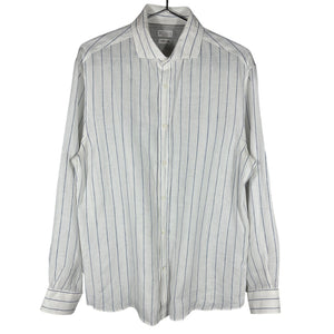 Brunello Cucinelli Linen Periwinkle Chalk Stripe Easy Fit Shirt Size XXL