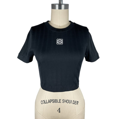 Loewe 'Anagram' Black Cotton Cropped Embroidered Ribbed Cotton T-Shirt Size M