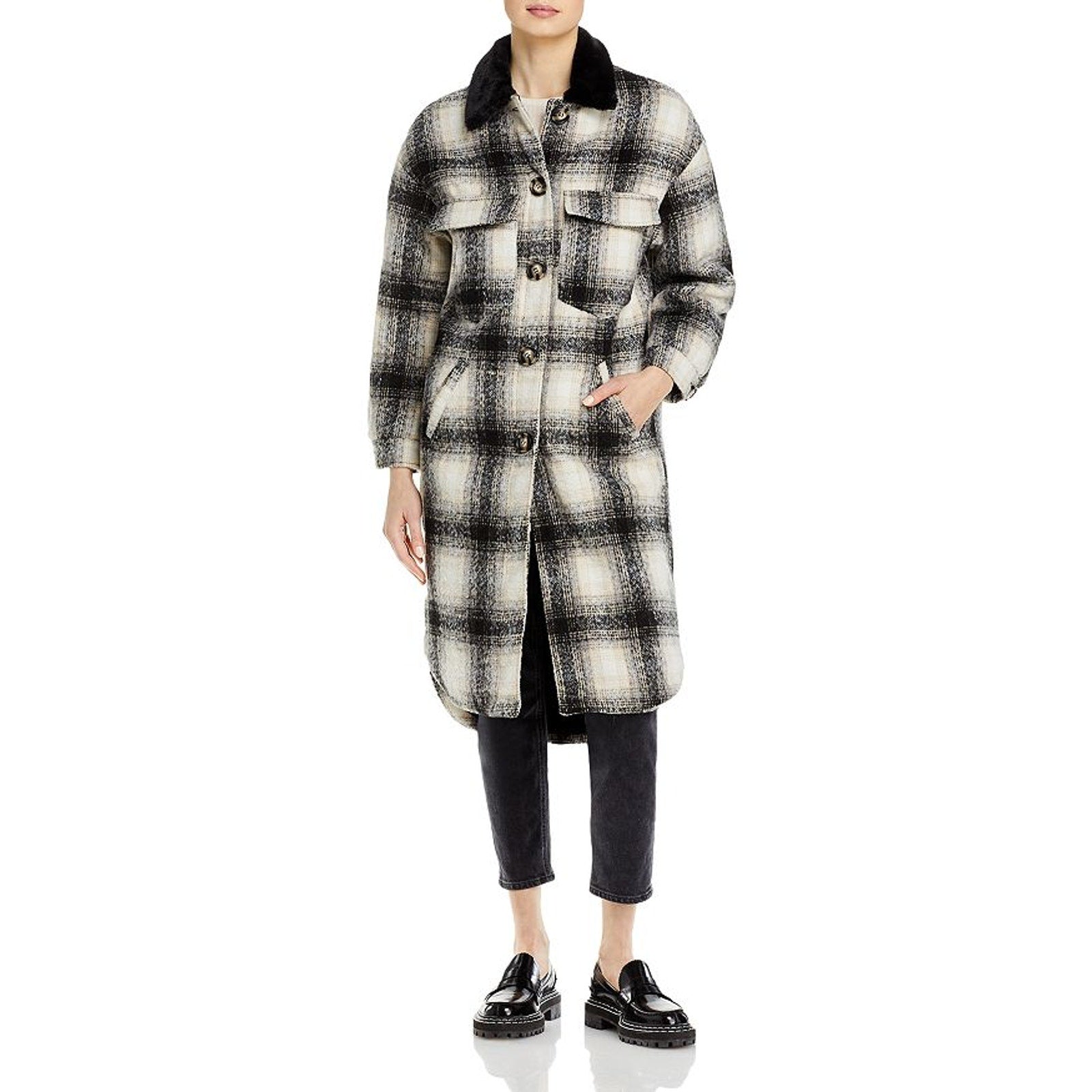 Apparis James Faux Fur Black Polyester Lined Plaid Shirt Coat Size M