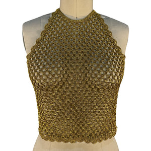 Ganni Metallic Gold Crochet Halter Top Size XS