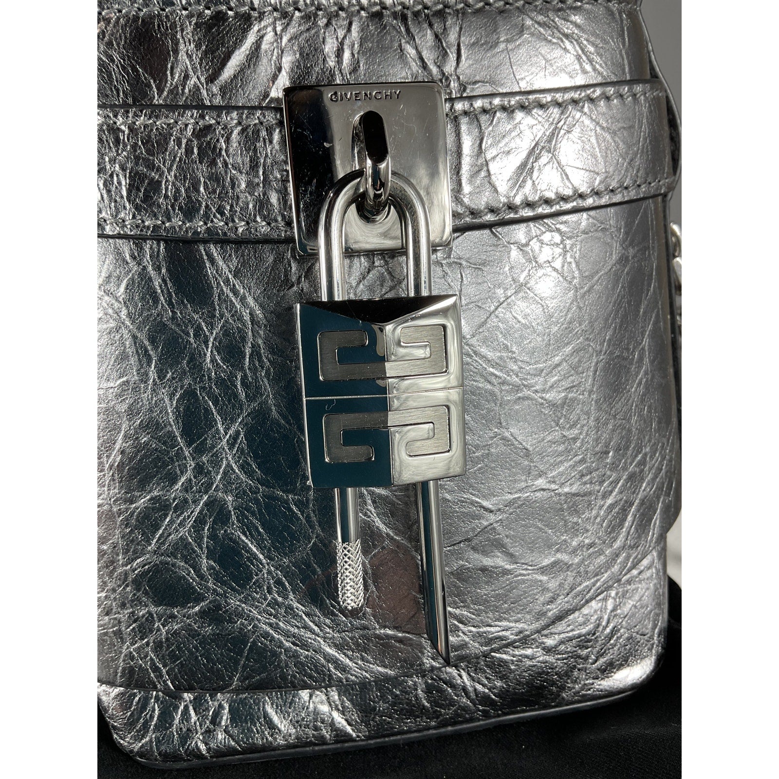 Givenchy 'Micro' Grey Leather Shark Lock Bucket Bag