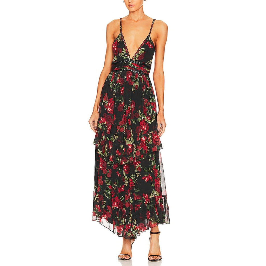 Rococo Sand Red Crepe Beaded Trim Maxi Dress Size S