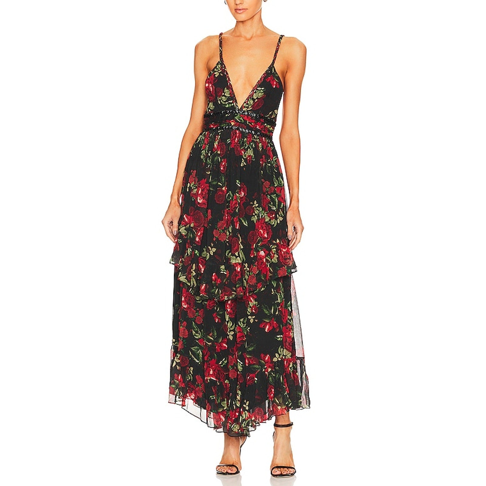 Rococo Sand Red Crepe Beaded Trim Maxi Dress Size S