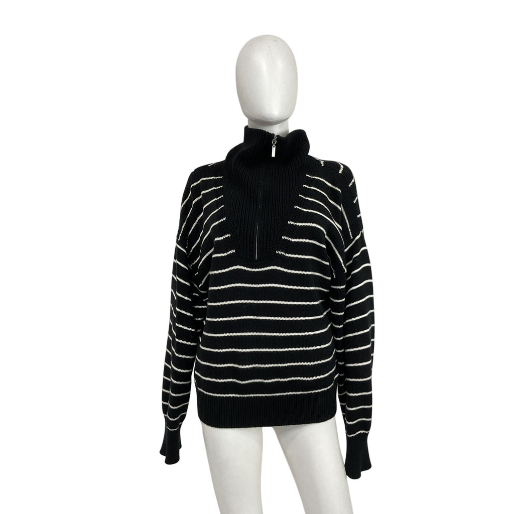 La Ligne 'Bastien' Black Cotton Stripe Half-Zip Cotton Sweater Size L