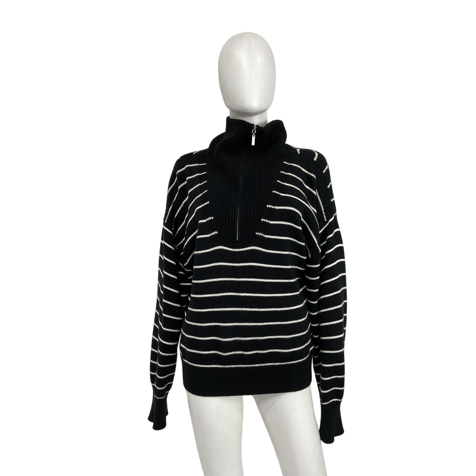La Ligne 'Bastien' Black Cotton Stripe Half-Zip Cotton Sweater Size L