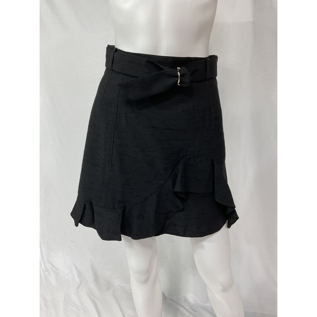 Sandro 'Amy' Black Belted Ruffled Slub Woven Mini Skirt Size 1