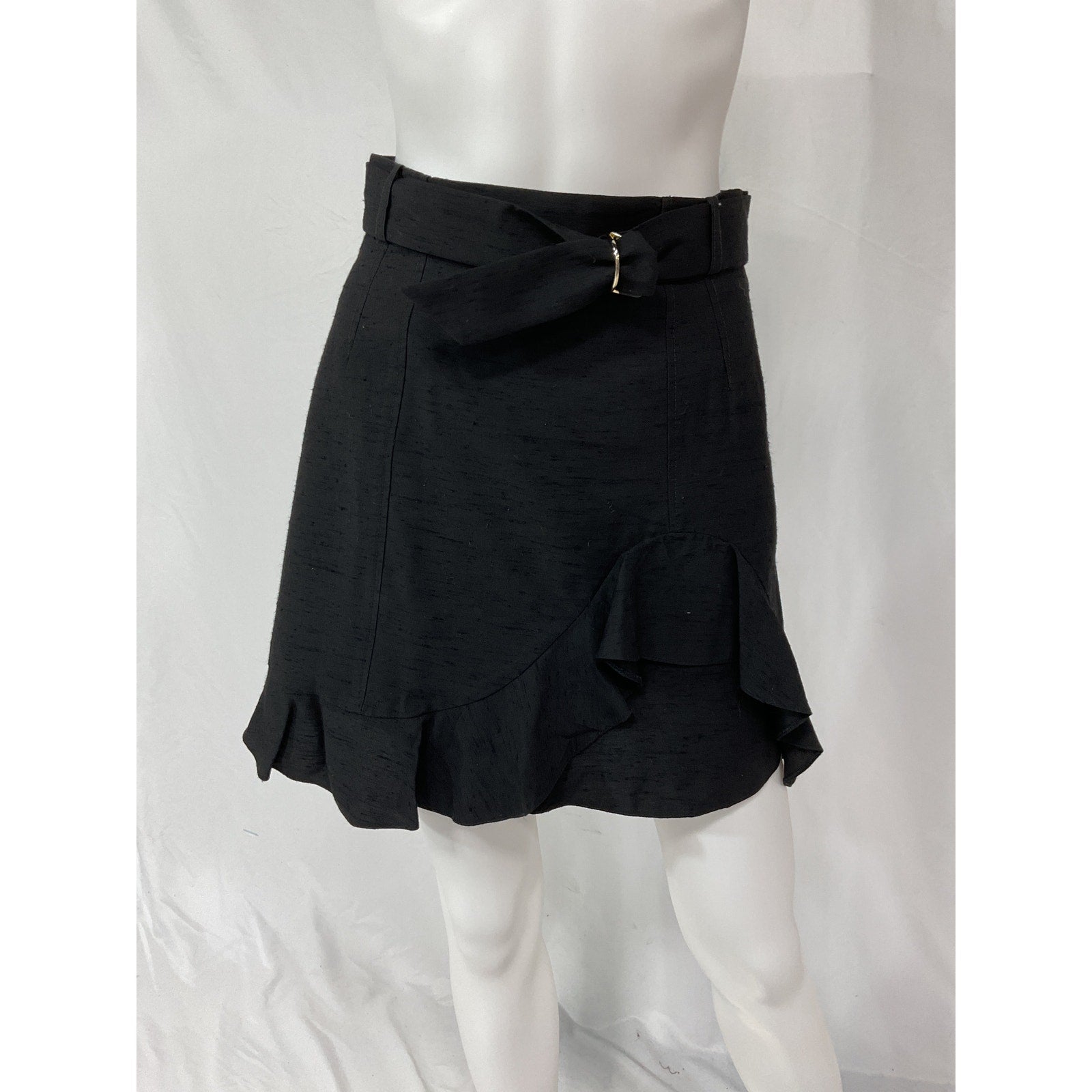 Sandro 'Amy' Black Belted Ruffled Slub Woven Mini Skirt Size 1