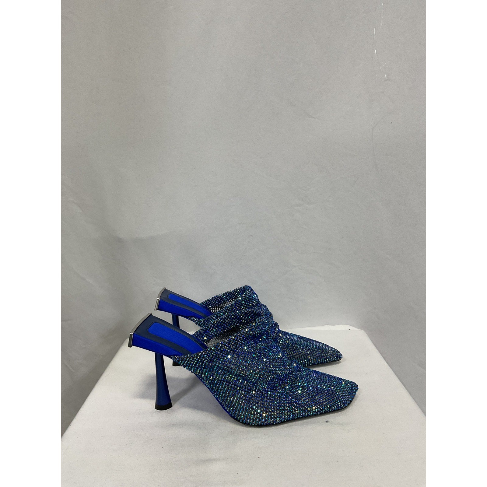 Benedetta Bruzziches 'Goliarda' Blue Satin Crystal-Embellished Chainmail Mules Size 6