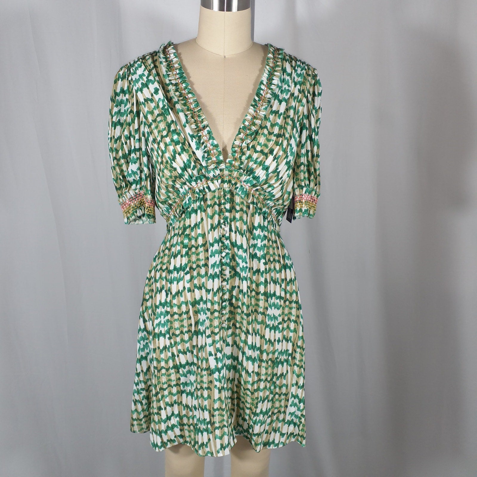 Saloni 'Lea' Green Smocked Printed Ecovero-Blend Crepe Mini Dress Size 6 - NWT