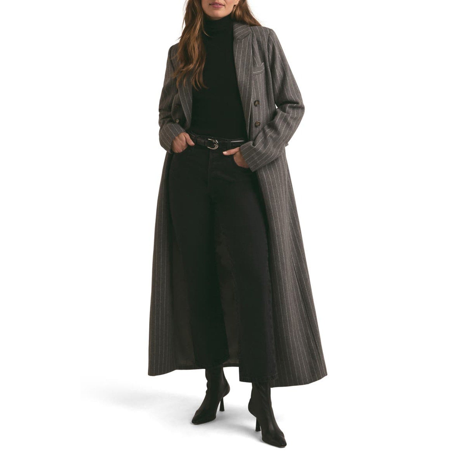 Favorite Daughter 'The Simon' Grey Pinstripe Double Breasted Longline Coat Size M - NWT
