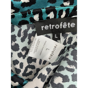 Retrofête Silk Teal Leopard Collared Dress Size L