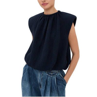Tibi Textured Blue Waffle Shirred Neck Top Size L