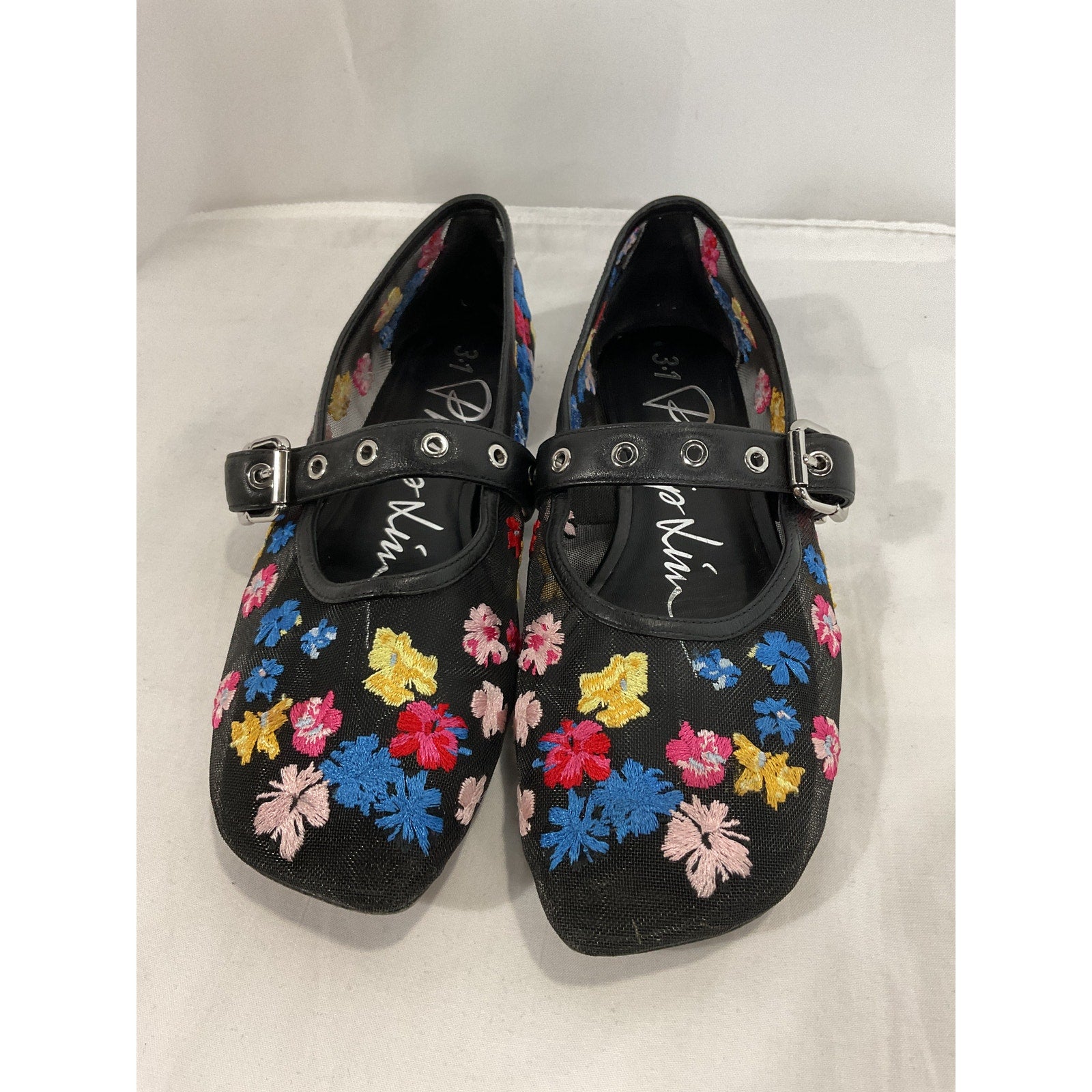 3.1 Phillip Lim 'Id' Black Flowerworks Floral Mesh Mary Jane Flats Size 8